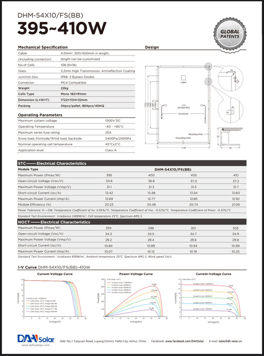 Helsvart DAH solpanel utan ram 405W FULLSCREEN