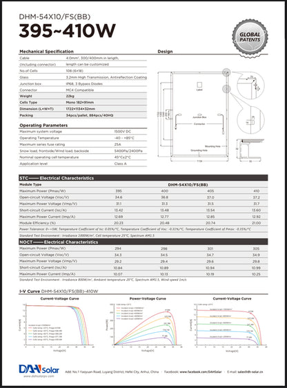 Helsvart DAH solpanel utan ram 405W FULLSCREEN