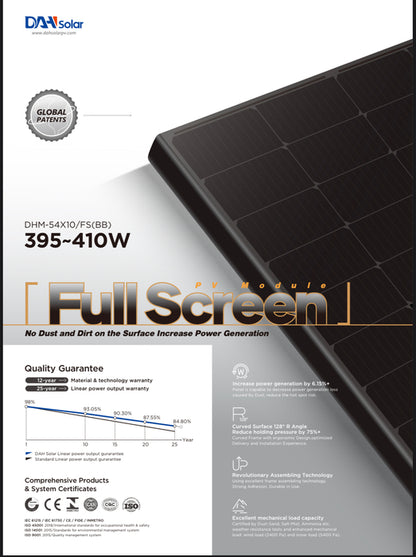 Helsvart DAH solpanel utan ram 405W FULLSCREEN